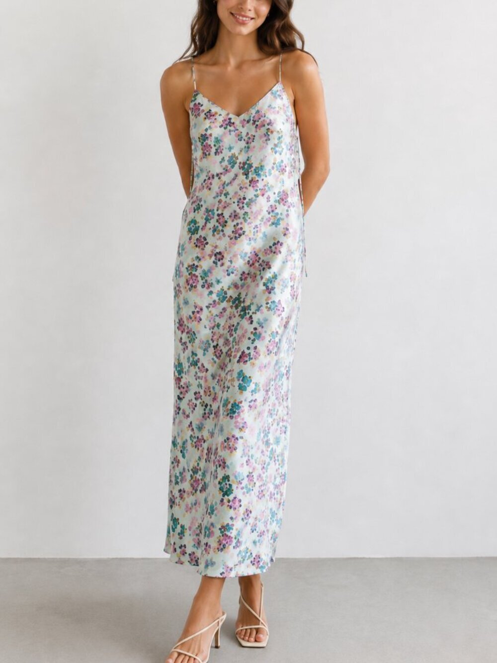 Zara Satin Effect Floral Satin Slip Midi Dress Blue Floral Size XS